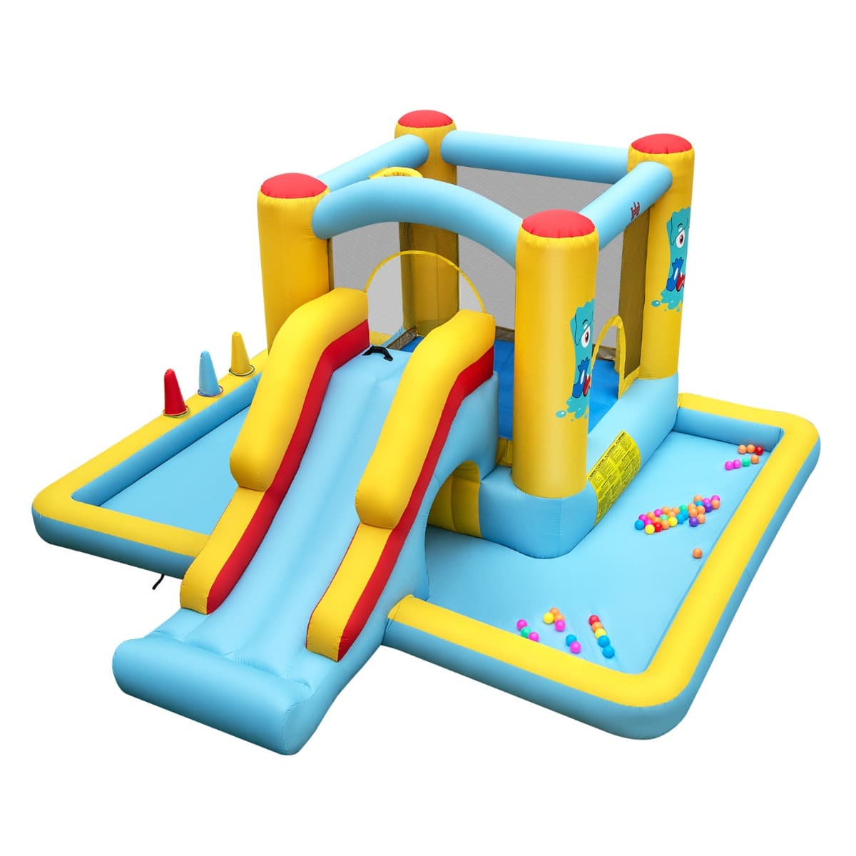 CostwayChâteau Gonflable Géant 7 en 1 pour Enfants avec Toboggan Tunnel Panier de Basket Jeu de Lancer d'Anneaux Souffleur Non Inclus