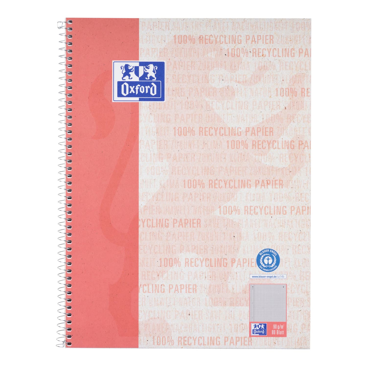OXFORD Collegeblock Recycling, A4,+ 80 feuilles, quadrillé