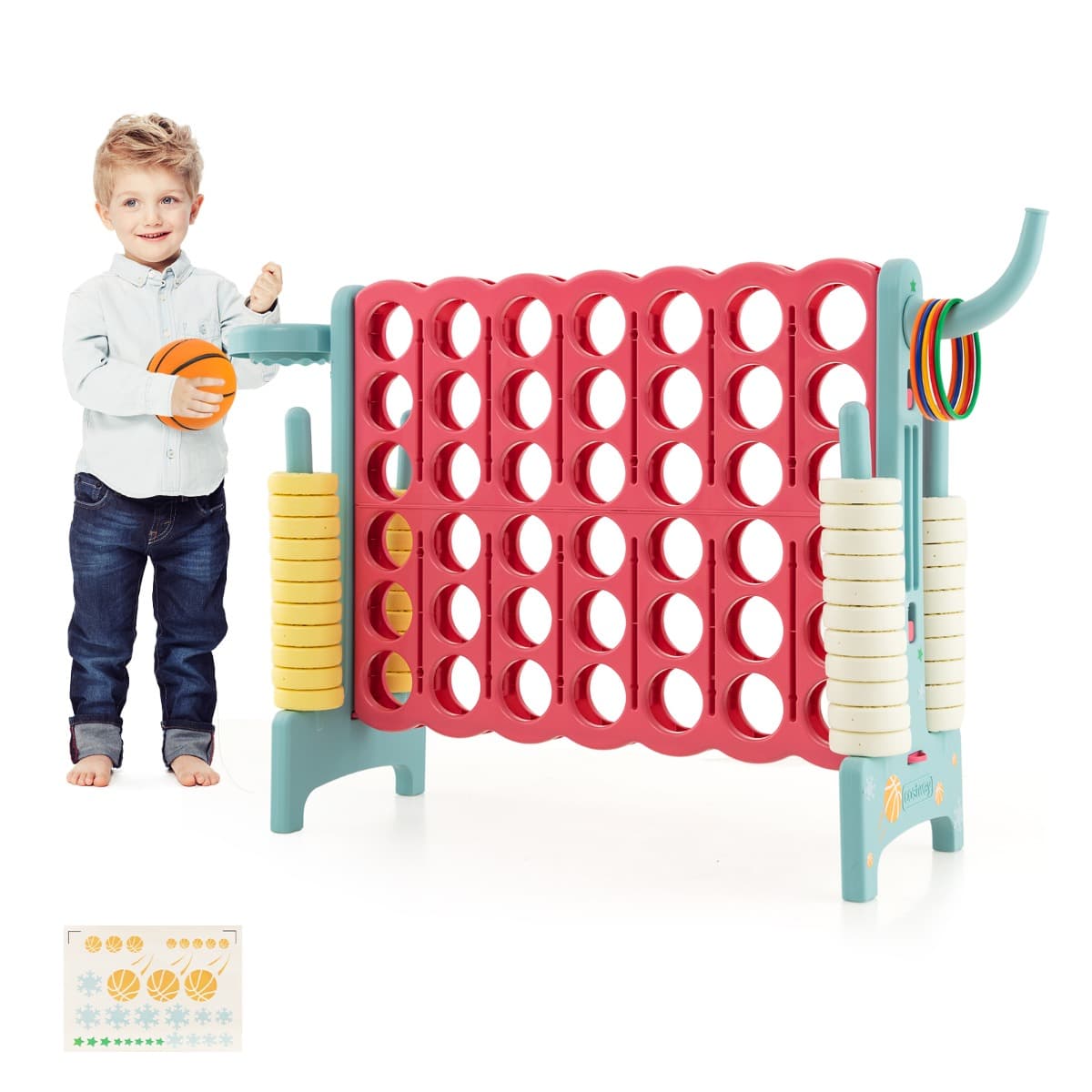 CostwayJeu de Puissance 4 Géant avec Panier de Basket&Lancer D'anneaux Bleu